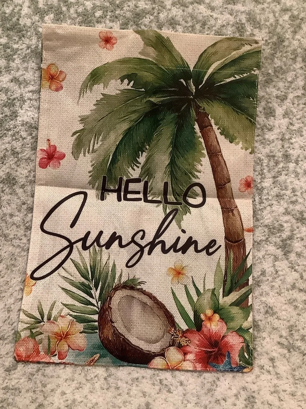 Hello Sunshine Tropical Palm Coconut Floral Small Garden Flag Burlap NWT